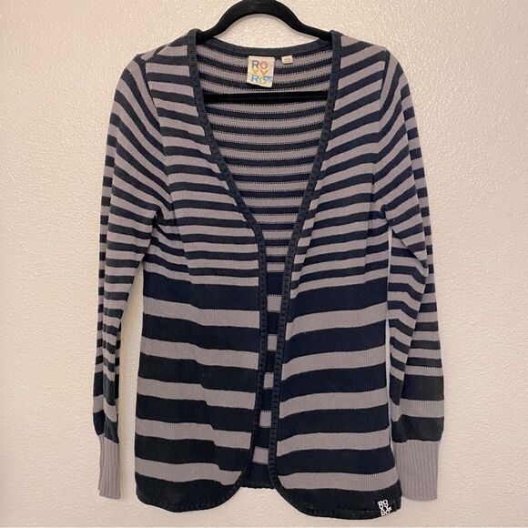 Roxy gray black stripe sweater open front cardigan 100% cotton-XL - Picture 1 of 9